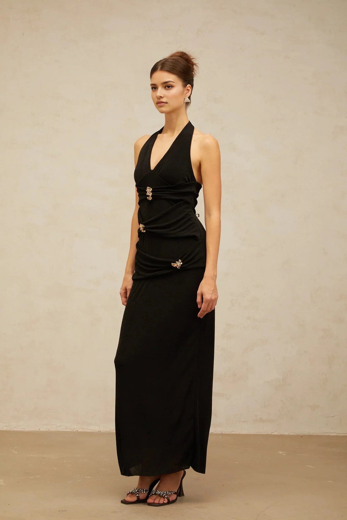 Black Halter Neck Maxi Dress with Gold Embellishments black ruched halterneck maxi dress Evening Dress by YiHuiw