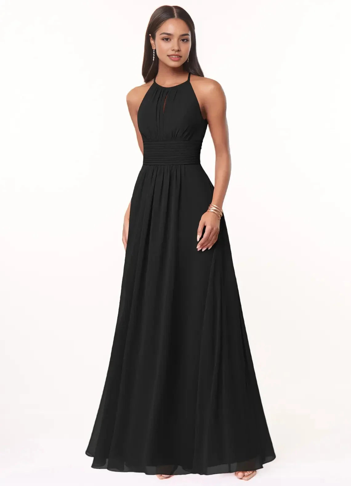 Black Halter Neck Maxi Dress with Ruched Waist A-Line Keyhole Ruched Chiffon Dress Bridesmaid Dresses by YiHuiw
