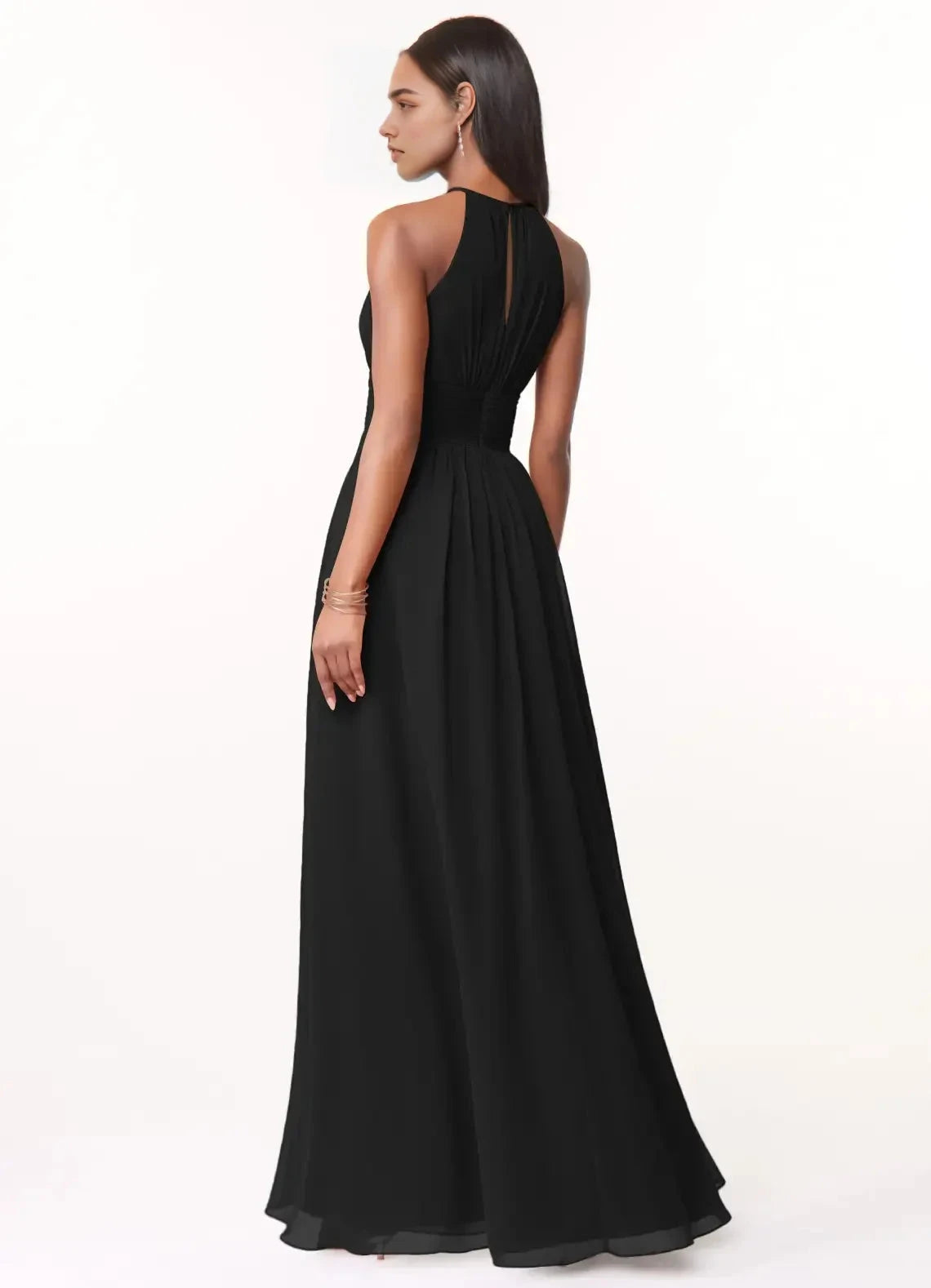 Black Halter Neck Maxi Dress with Ruched Waist A-Line Keyhole Ruched Chiffon Dress Bridesmaid Dresses by YiHuiw