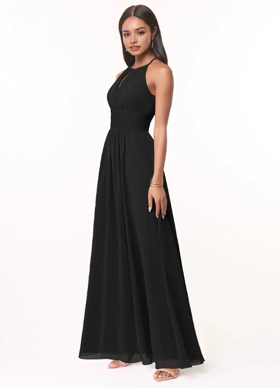 Black Halter Neck Maxi Dress with Ruched Waist A-Line Keyhole Ruched Chiffon Dress Bridesmaid Dresses by YiHuiw