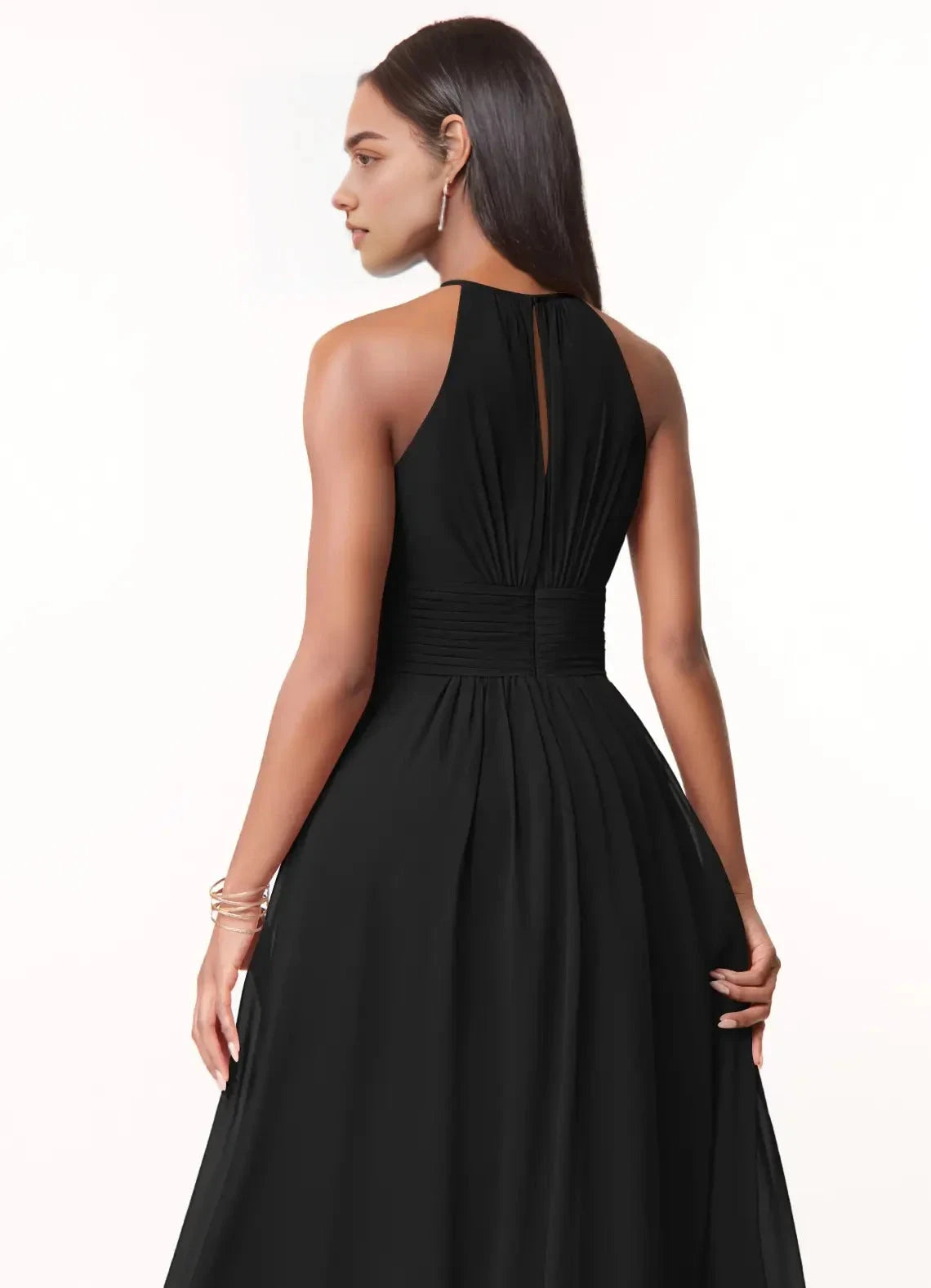 Black Halter Neck Maxi Dress with Ruched Waist A-Line Keyhole Ruched Chiffon Dress Bridesmaid Dresses by YiHuiw