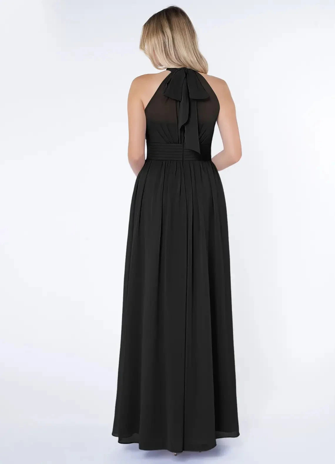 Black Halter Neck Maxi Dress with Side Slit and Bow Back Black A-Line A-Line Ruched Chiffon Dress Bridesmaid Dresses by YiHuiw