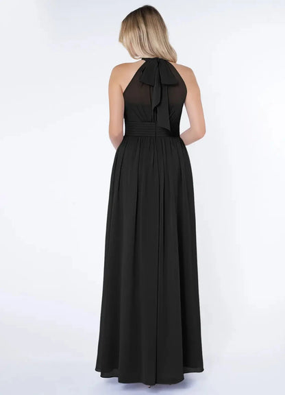 Black Halter Neck Maxi Dress with Side Slit and Bow Back Black A-Line A-Line Ruched Chiffon Dress Bridesmaid Dresses by YiHuiw