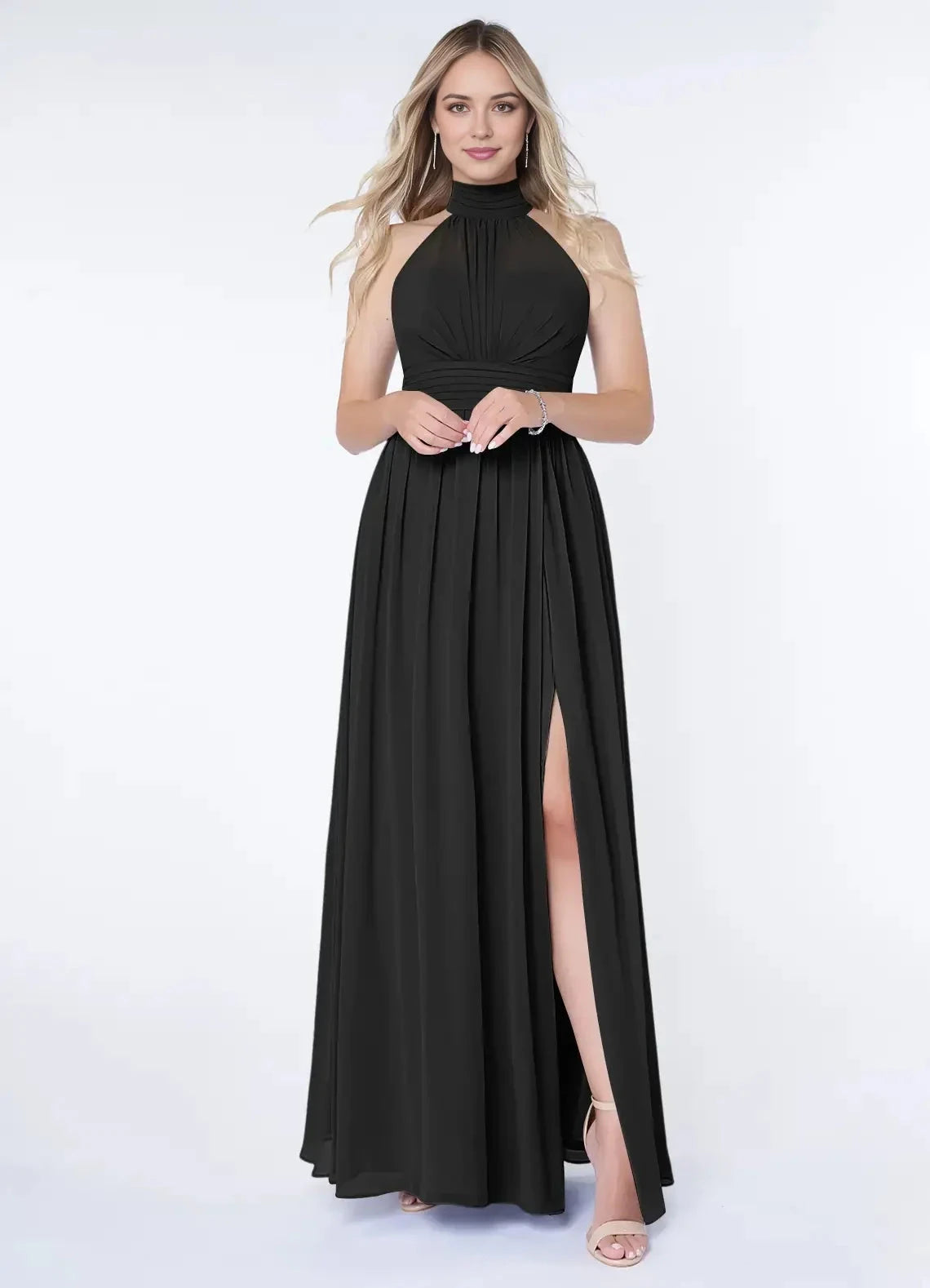 Black Halter Neck Maxi Dress with Side Slit and Bow Back Black A-Line A-Line Ruched Chiffon Dress Bridesmaid Dresses by YiHuiw