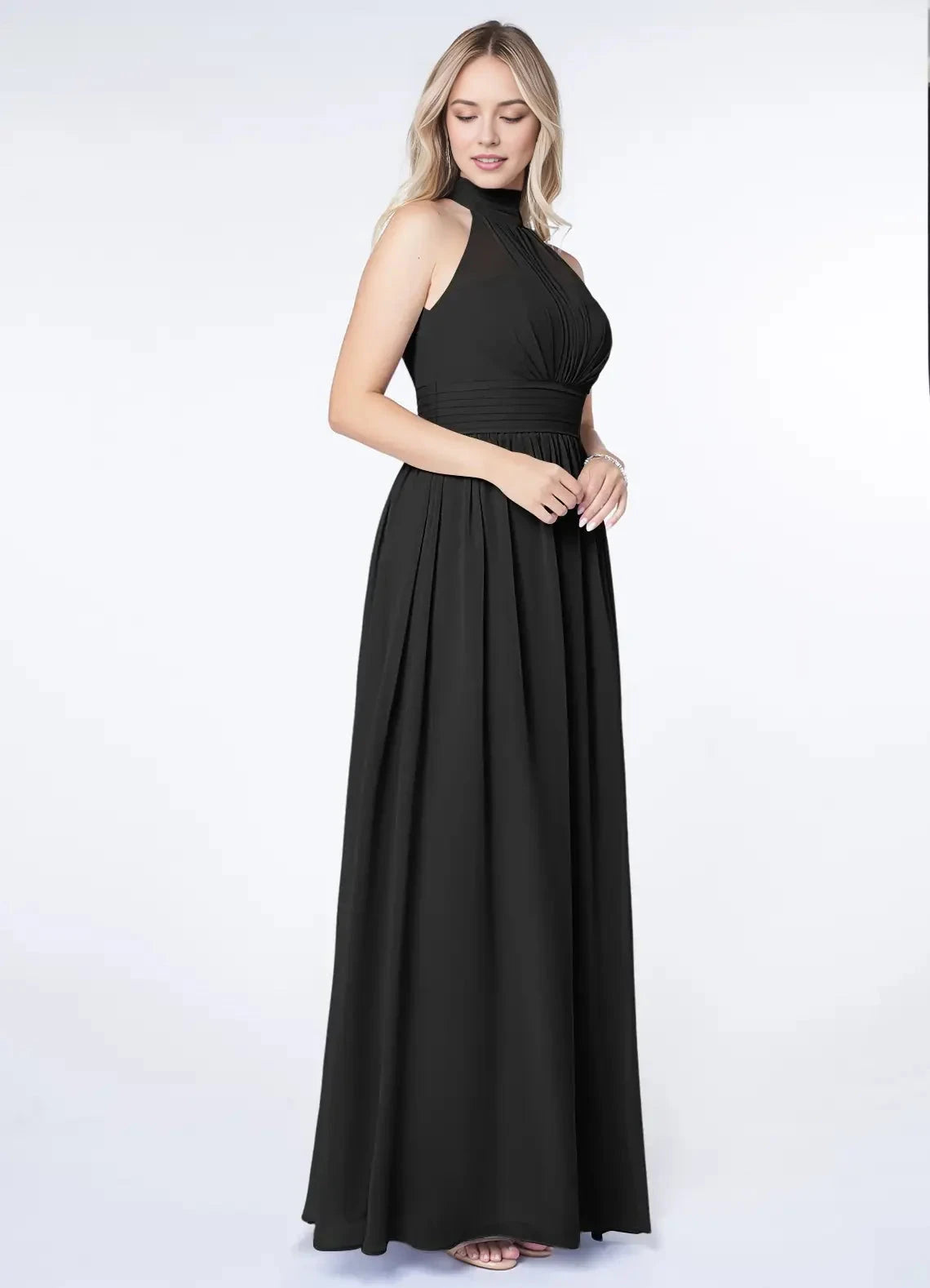Black Halter Neck Maxi Dress with Side Slit and Bow Back Black A-Line A-Line Ruched Chiffon Dress Bridesmaid Dresses by YiHuiw