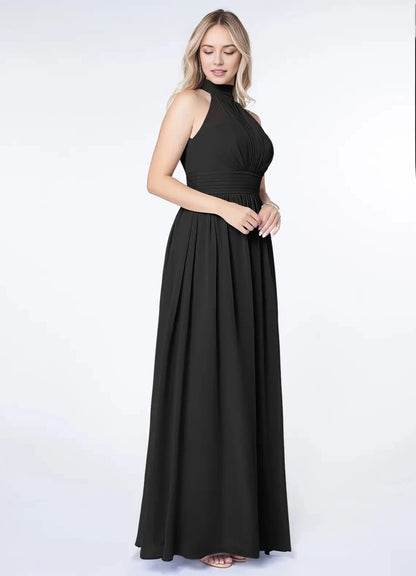 Black Halter Neck Maxi Dress with Side Slit and Bow Back Black A-Line A-Line Ruched Chiffon Dress Bridesmaid Dresses by YiHuiw