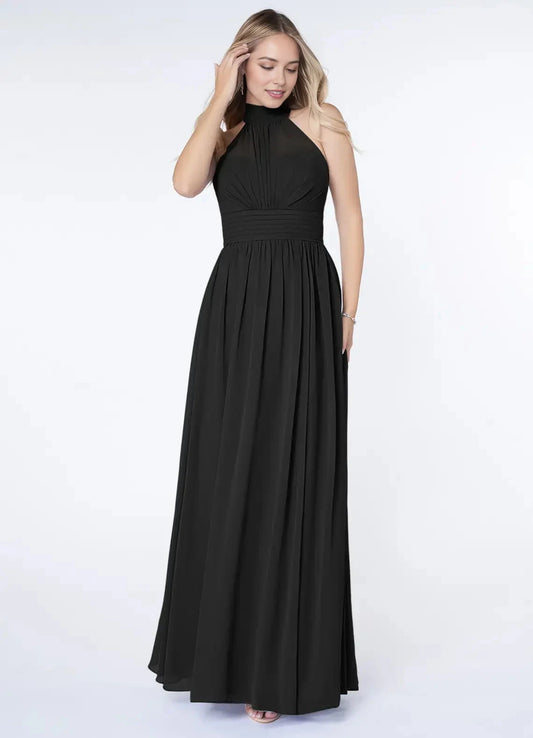 Black Halter Neck Maxi Dress with Side Slit and Bow Back Black A-Line A-Line Ruched Chiffon Dress Bridesmaid Dresses by YiHuiw