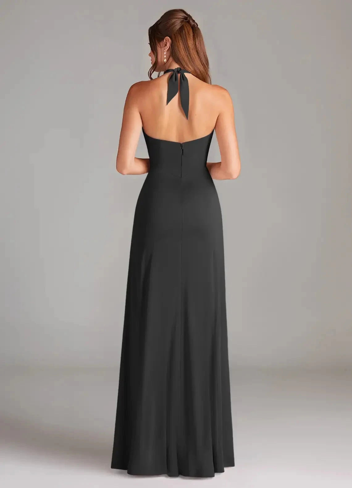 Black Halter Neck Maxi Dress with Side Slit and Open Back A-Line Side Slit Stretch Satin Dress Bridesmaid Dresses by YiHuiw