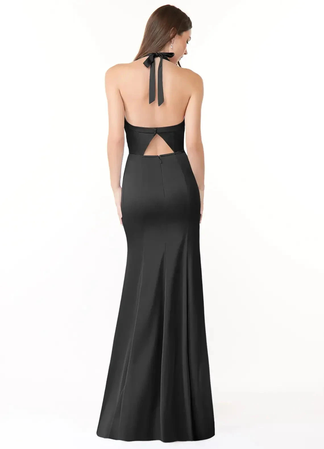 Black Halter Neck Mermaid Maxi with Side Slit and Open Back Pleated Stretch Satin Bridesmaid Dresses by YiHuiw