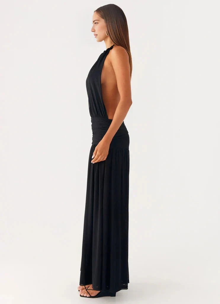Black Halter Neck Open Back Maxi Dress with Side Slit Side ruching with drawstring Bridesmaid Dresses by YiHuiw