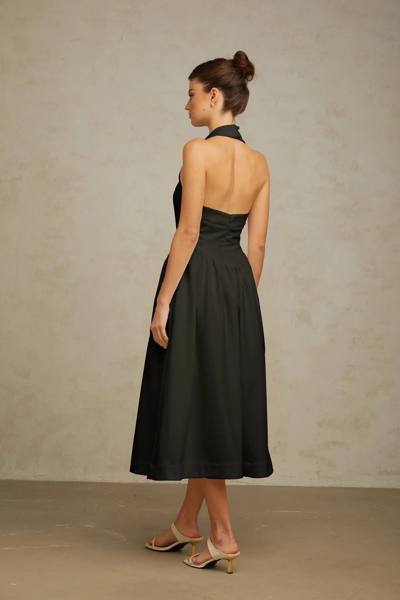 Black Halter Neck Open - Back Midi Dress halterneck pleated midi dress in Black Evening Dress by YiHuiw