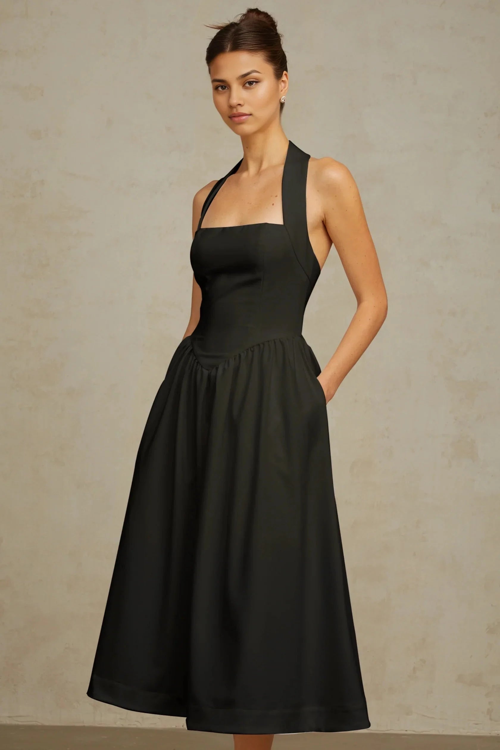 Black Halter Neck Open - Back Midi Dress halterneck pleated midi dress in Black Evening Dress by YiHuiw