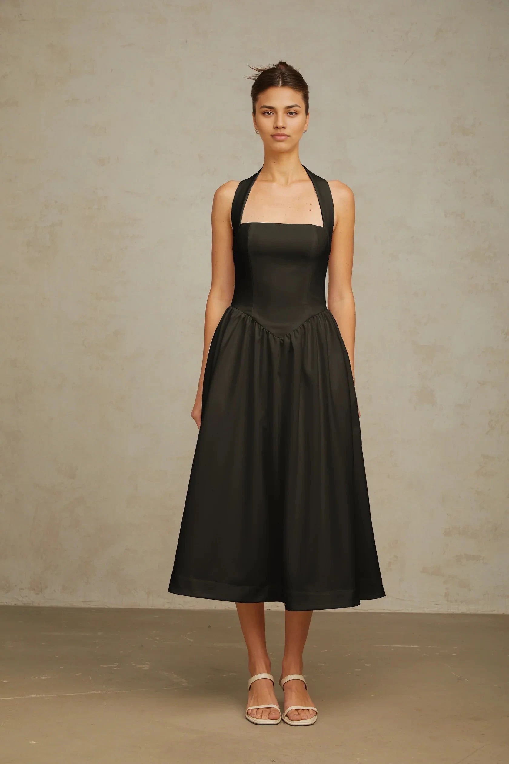 Black Halter Neck Open - Back Midi Dress halterneck pleated midi dress in Black Evening Dress by YiHuiw