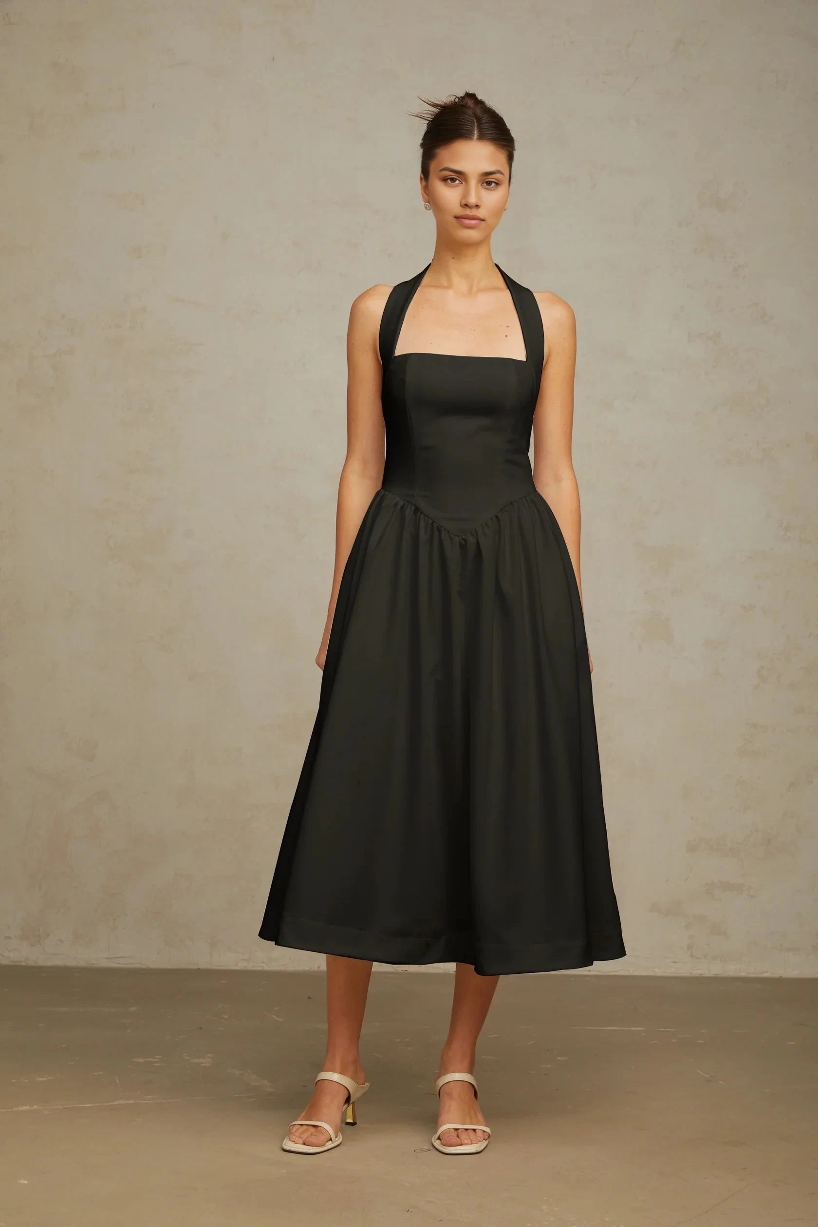 Black Halter Neck Open - Back Midi Dress halterneck pleated midi dress in Black Evening Dress by YiHuiw