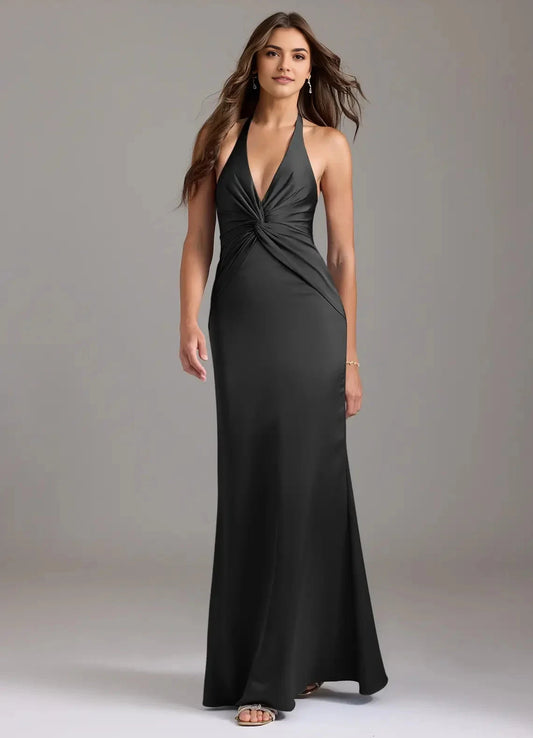 Black Halter Neck Satin Maxi Dress with Knot Detail Black Mermaid Pleated Stretch Satin Dress Bridesmaid Dresses by YiHuiw