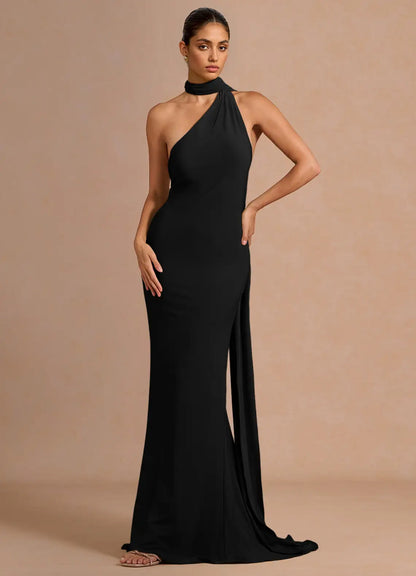 Black Mermaid Halter Ruched Floor-Length Formal Dress - Yihuiw by Yihuiw