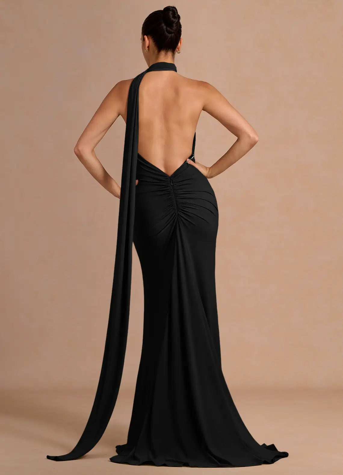 Black Mermaid Halter Ruched Floor-Length Formal Dress - Yihuiw by Yihuiw