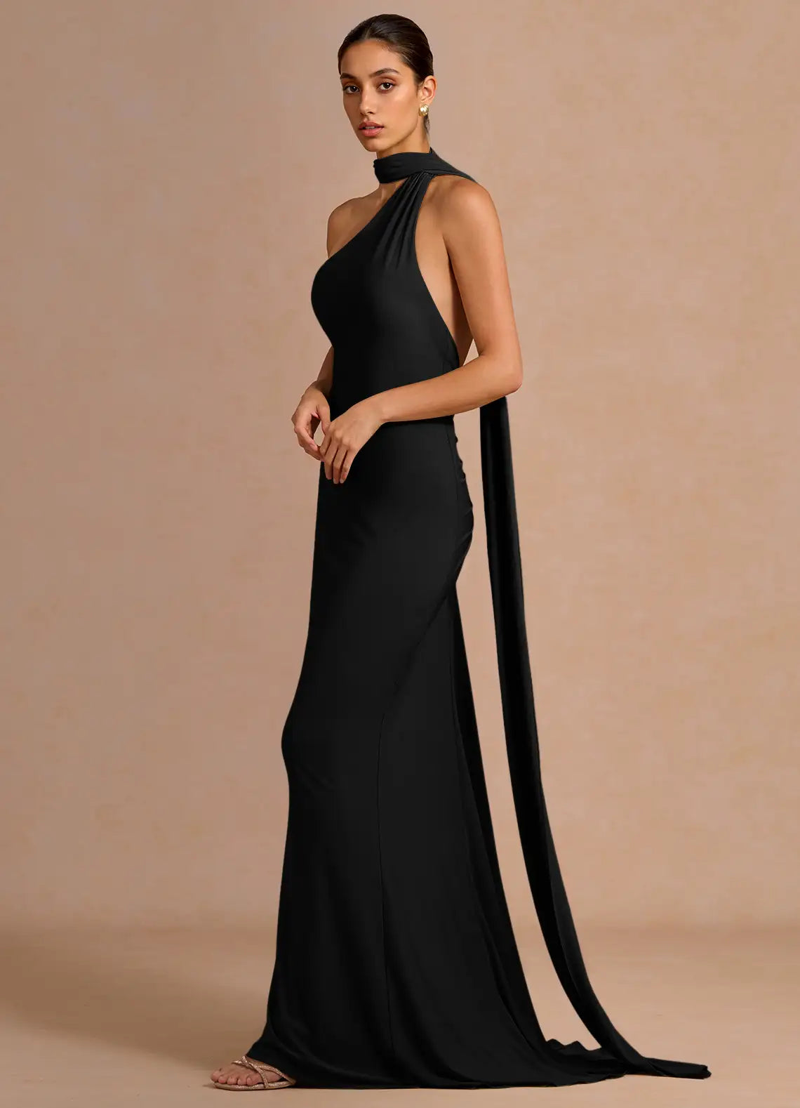 Black Mermaid Halter Ruched Floor-Length Formal Dress - Yihuiw by Yihuiw