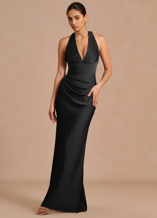 Black Mermaid Halter Satin Pleated Floor-Length Wedding Dress - Yihuiw by Yihuiw