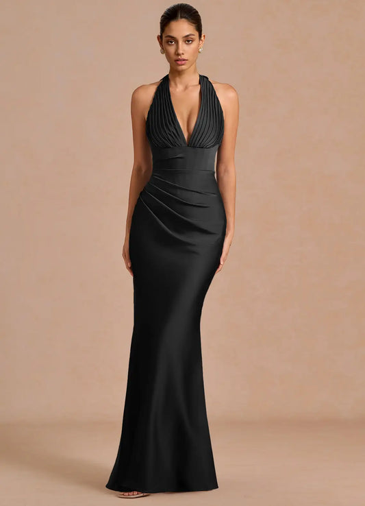 Black Mermaid Halter Satin Pleated Floor-Length Wedding Dress - Yihuiw by Yihuiw