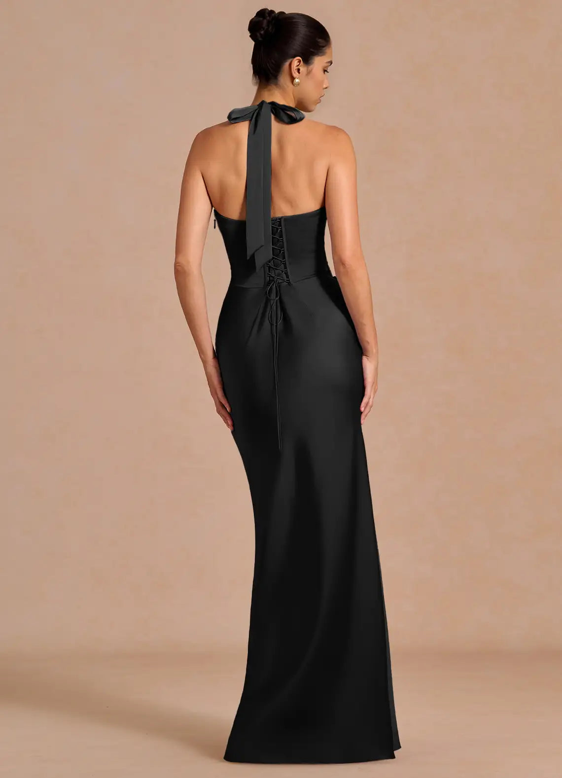 Black Mermaid Halter Satin Pleated Floor-Length Wedding Dress - Yihuiw by Yihuiw