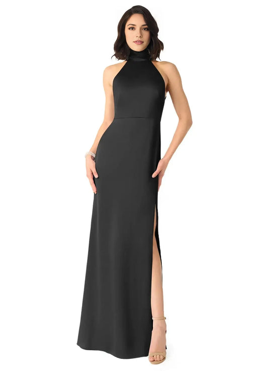 Black High Neck Halter Maxi Dress with Side Slit and Bow Back Black Sheath High Neck Stretch Satin Dress Bridesmaid Dresses by YiHuiw