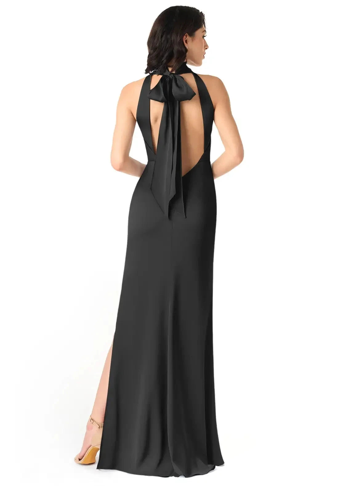 Black High Neck Halter Maxi Dress with Side Slit and Bow Back Black Sheath High Neck Stretch Satin Dress Bridesmaid Dresses by YiHuiw