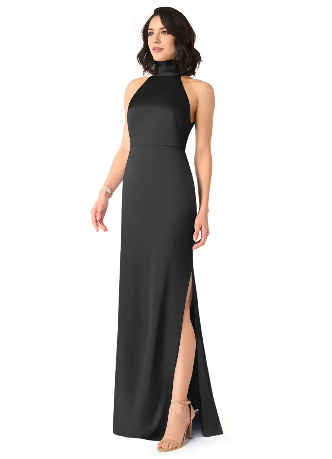 Black High Neck Halter Maxi Dress with Side Slit and Bow Back Black Sheath High Neck Stretch Satin Dress Bridesmaid Dresses by YiHuiw
