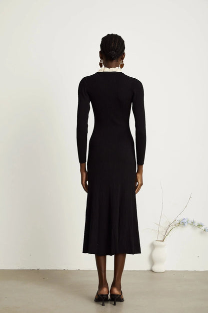 Black Knit Midi Dress with Contrast Ruffle Collar black ruffled-neck knitted midi dress Evening Dress by YiHuiw