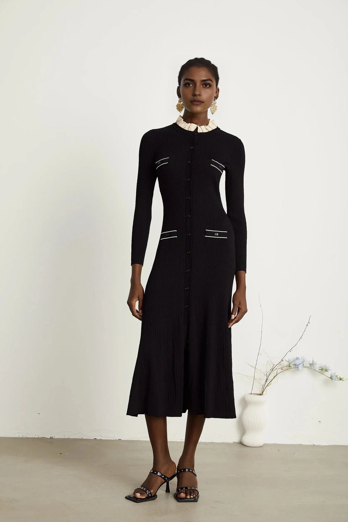 Black Knit Midi Dress with Contrast Ruffle Collar black ruffled-neck knitted midi dress Evening Dress by YiHuiw