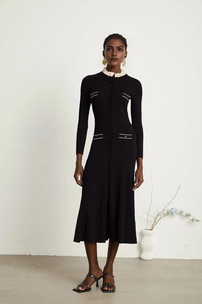 Black Knit Midi Dress with Contrast Ruffle Collar black ruffled-neck knitted midi dress Evening Dress by YiHuiw