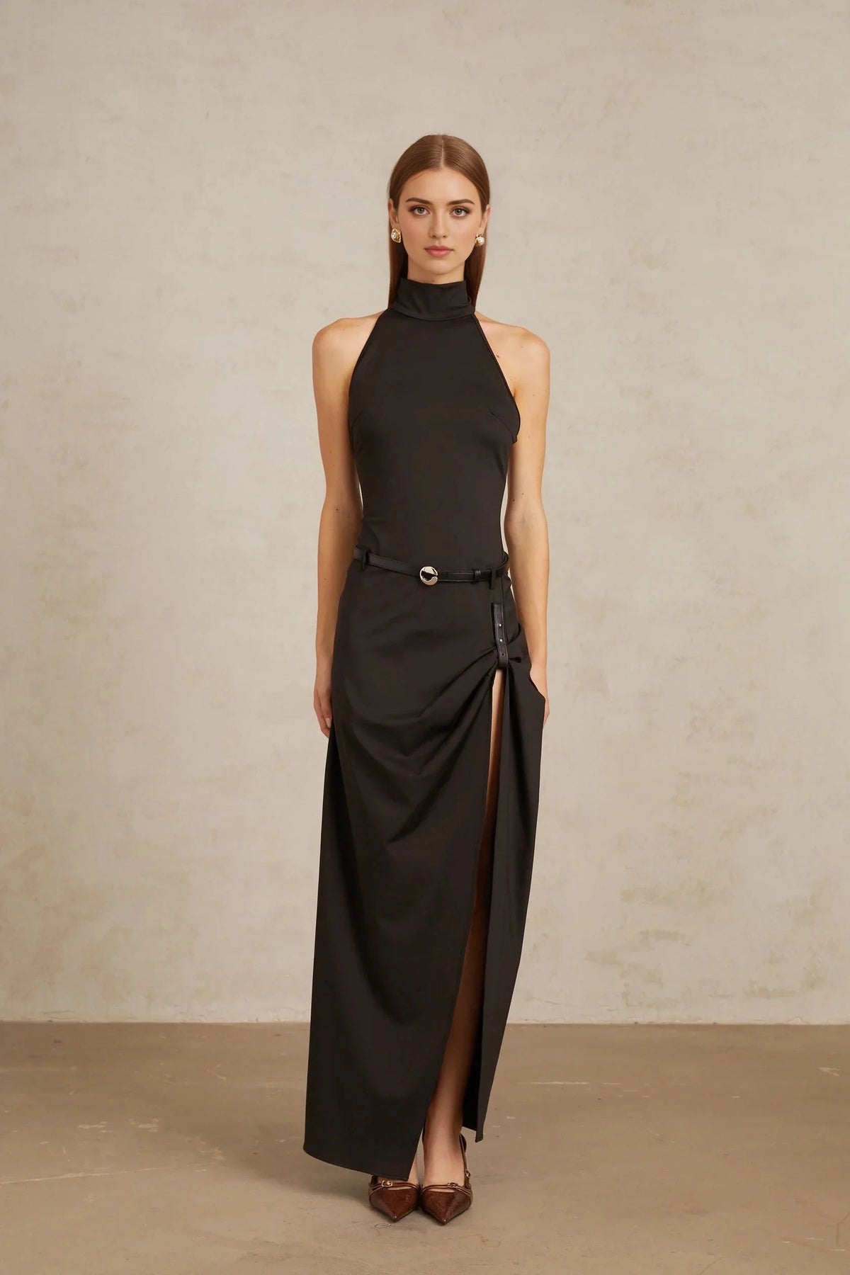 Black Knit Peplum Top and Midi Skirt Set Black Gathered Halterneck Maxi Dress Evening Dress by YiHuiw