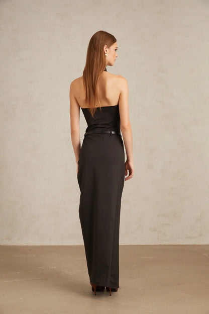 Black Knit Peplum Top and Midi Skirt Set Black Gathered Halterneck Maxi Dress Evening Dress by YiHuiw