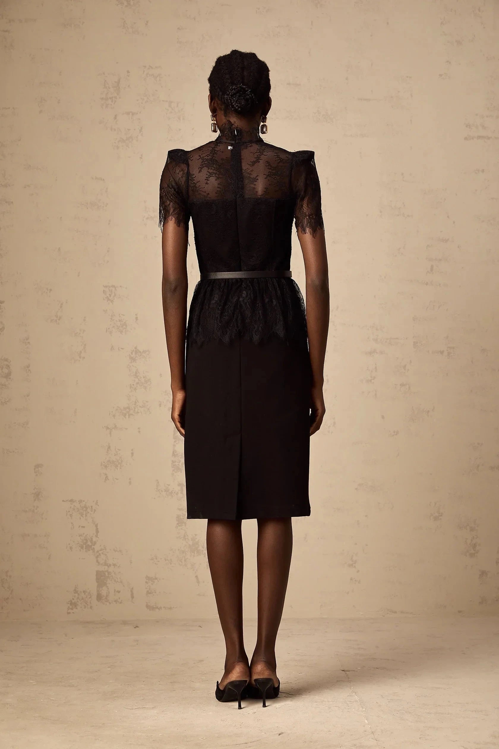 Black Lace Mock Neck Belted Midi Dress black -lace panelled midi dressEvening Dress by YiHuiw