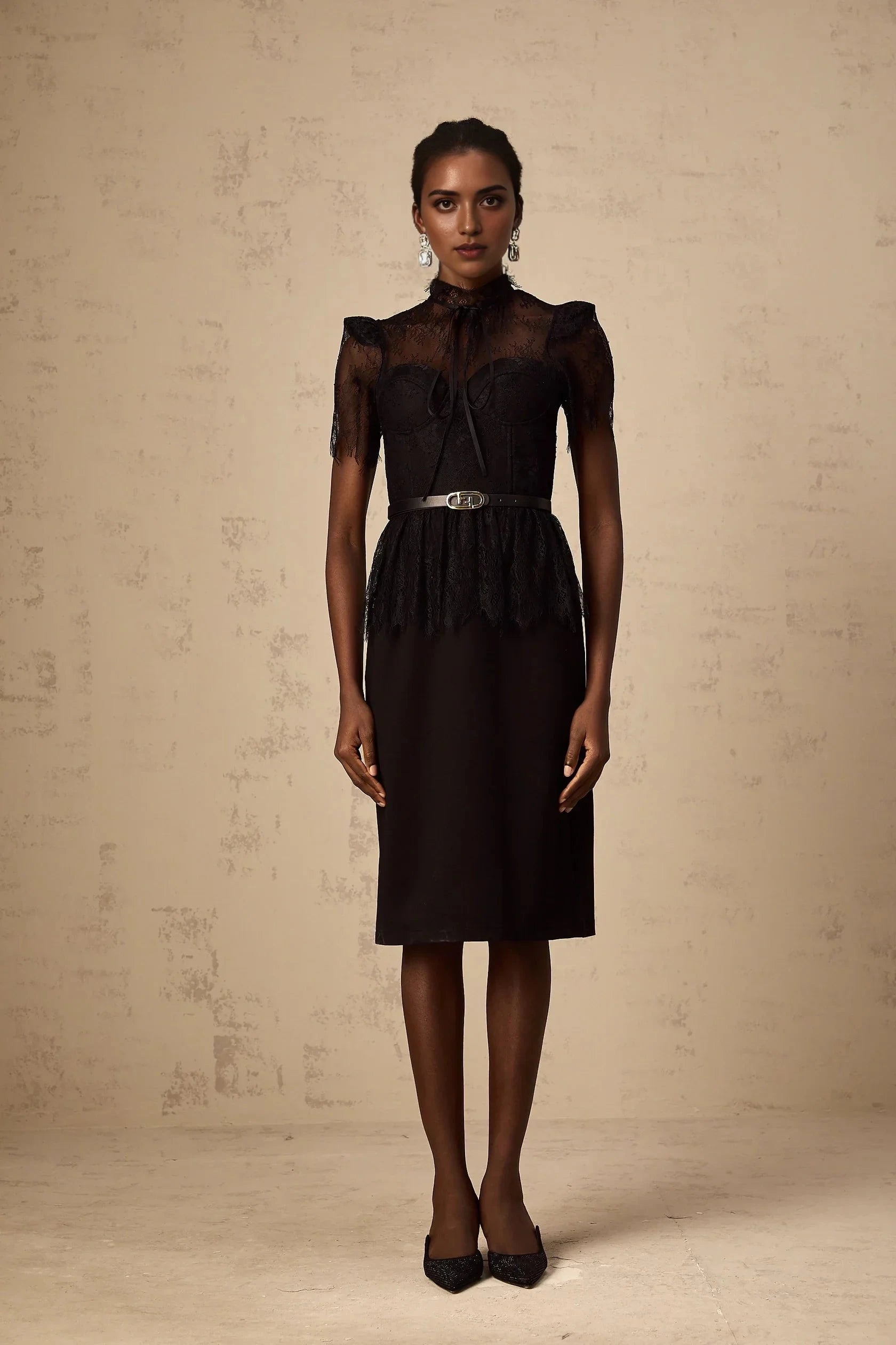 Black Lace Mock Neck Belted Midi Dress black -lace panelled midi dressEvening Dress by YiHuiw