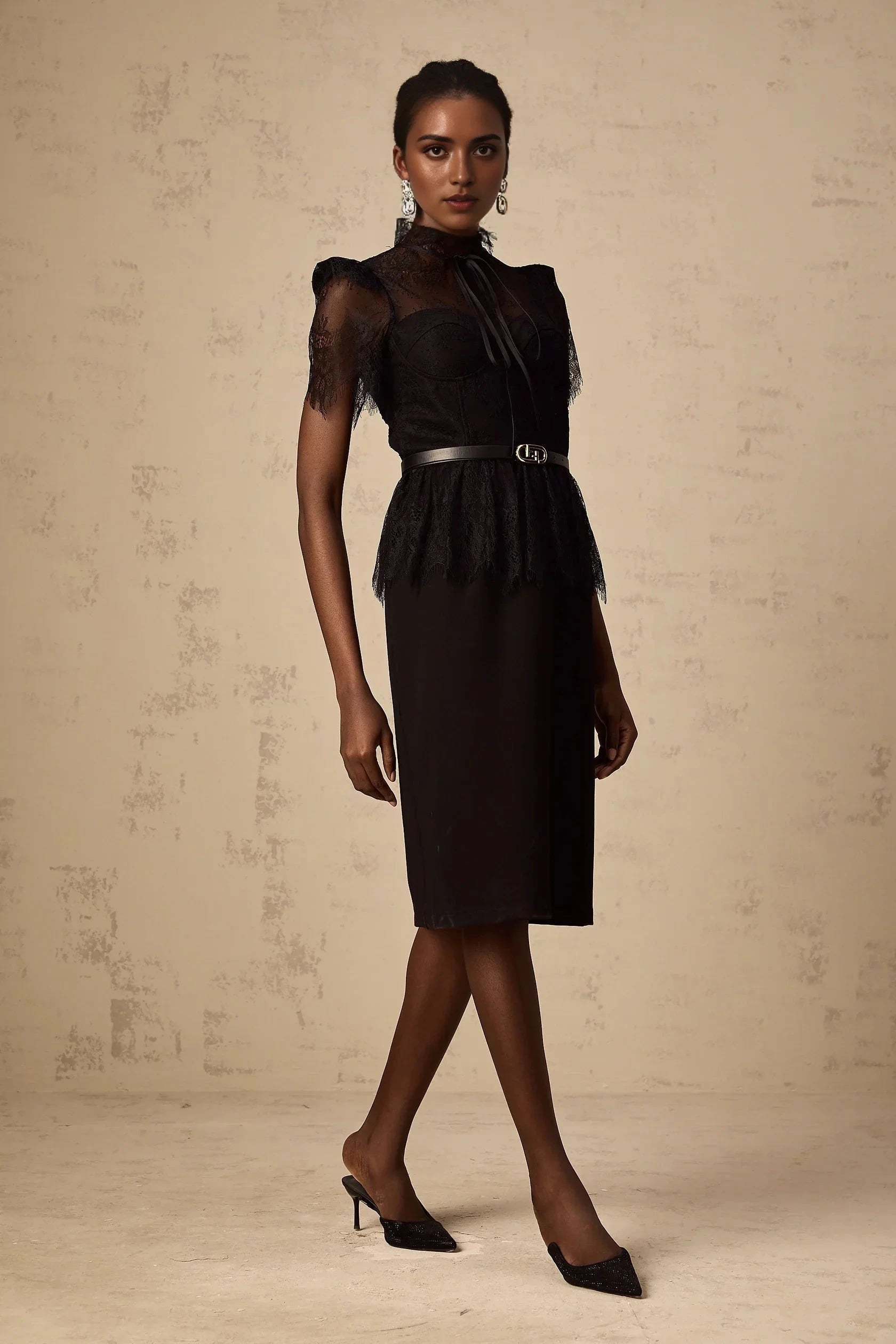 Black Lace Mock Neck Belted Midi Dress black -lace panelled midi dressEvening Dress by YiHuiw