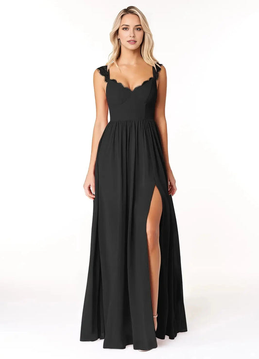 Black Lace Strap Maxi Dress with Side Slit and Open Back Black A-Line Sweetheart Lace Chiffon Dress Bridesmaid Dresses by YiHuiw