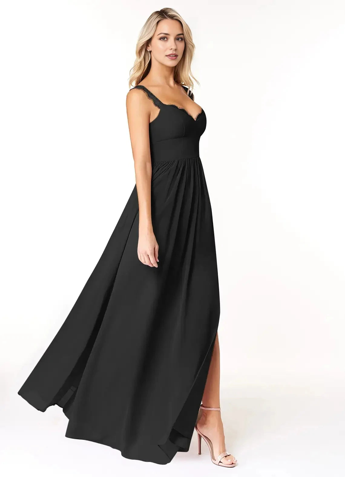 Black Lace Strap Maxi Dress with Side Slit and Open Back Black A-Line Sweetheart Lace Chiffon Dress Bridesmaid Dresses by YiHuiw
