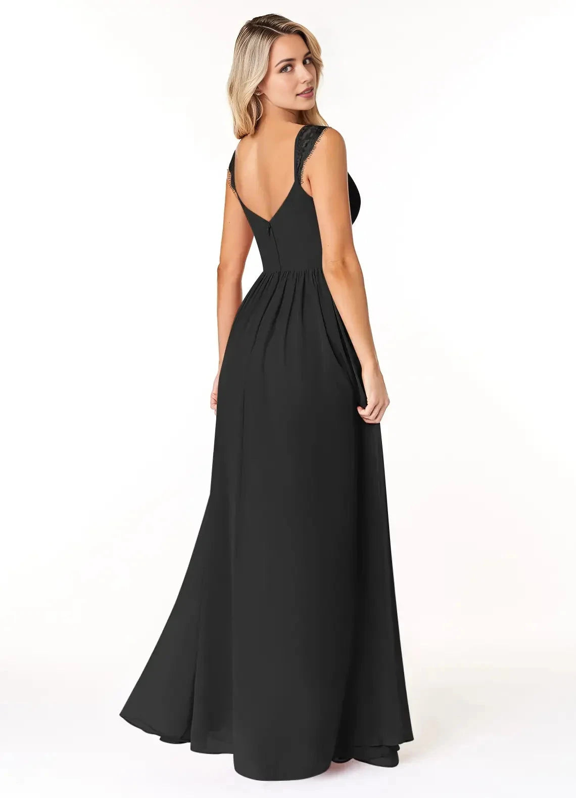 Black Lace Strap Maxi Dress with Side Slit and Open Back Black A-Line Sweetheart Lace Chiffon Dress Bridesmaid Dresses by YiHuiw