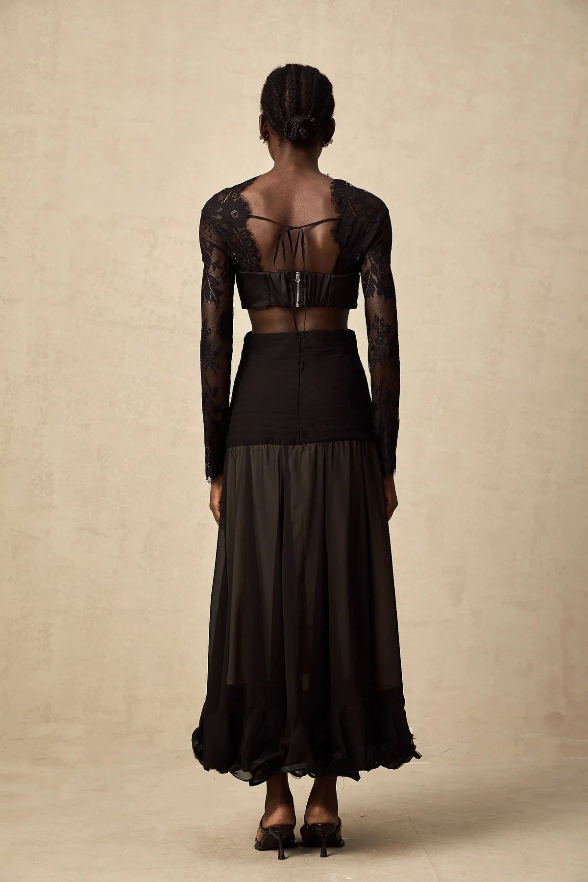 Black Lace Tie - Front Cut - Out Maxi Dress floral-lace panelled maxi dress Evening Dress by YiHuiw