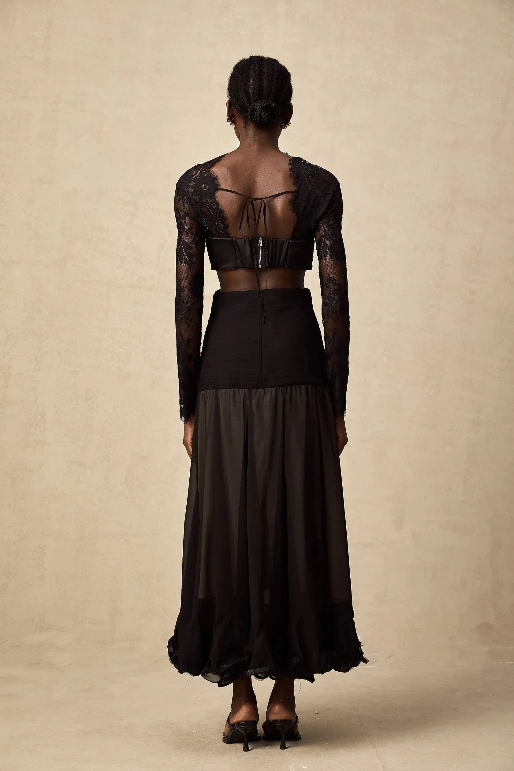Black Lace Tie - Front Cut - Out Maxi Dress floral-lace panelled maxi dress Evening Dress by YiHuiw