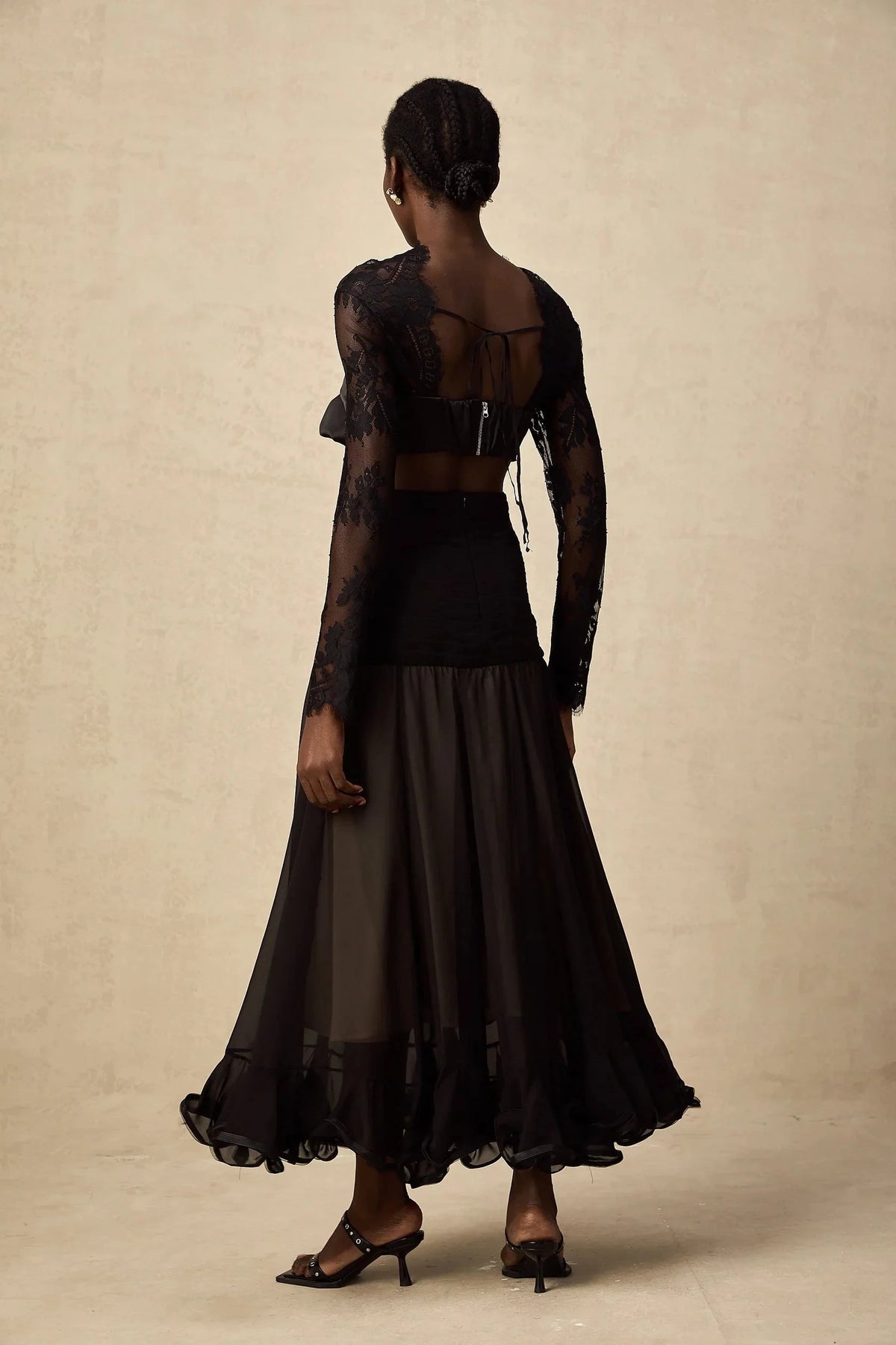 Black Lace Tie - Front Cut - Out Maxi Dress floral-lace panelled maxi dress Evening Dress by YiHuiw