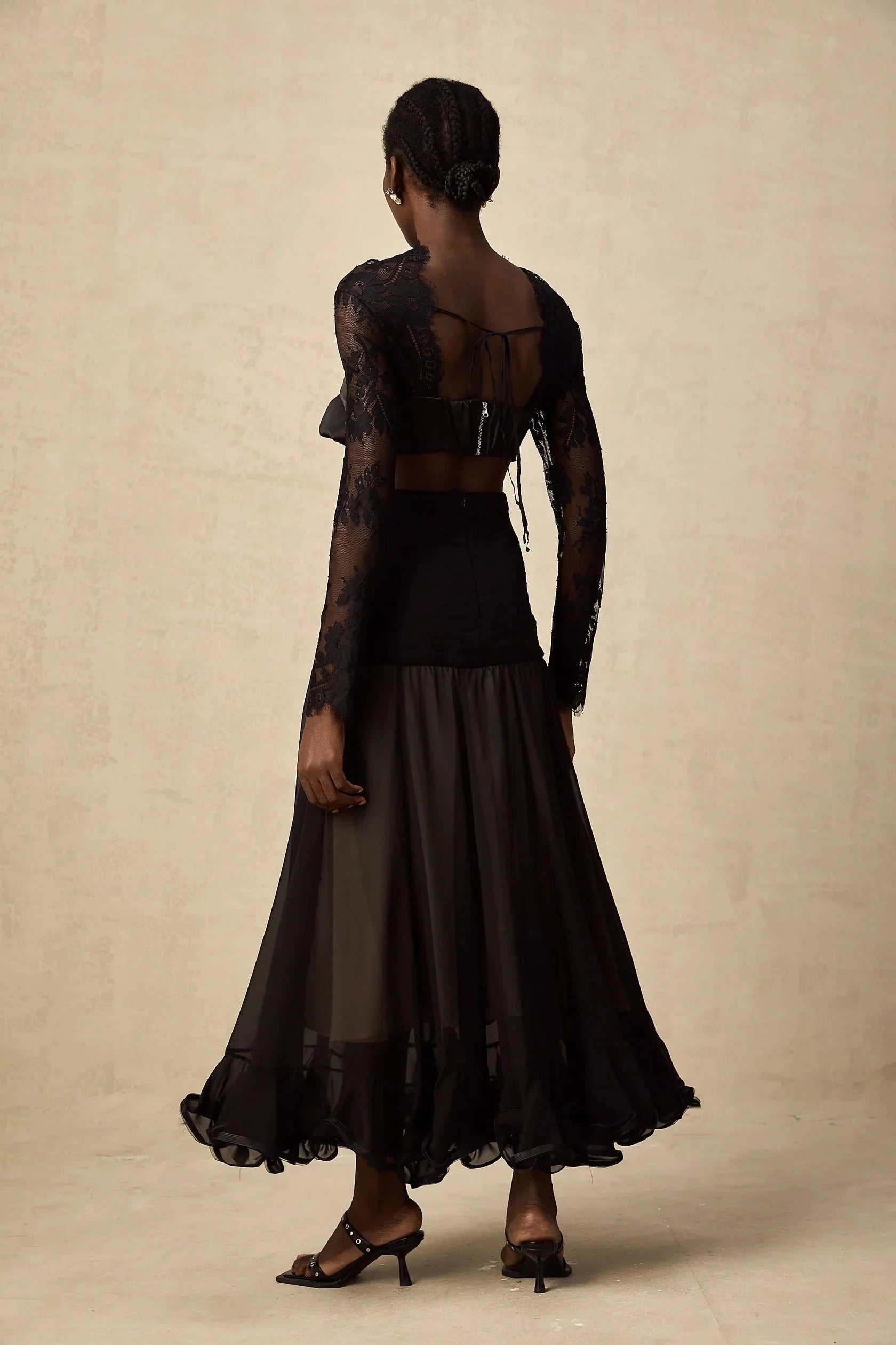Black Lace Tie - Front Cut - Out Maxi Dress floral-lace panelled maxi dress Evening Dress by YiHuiw