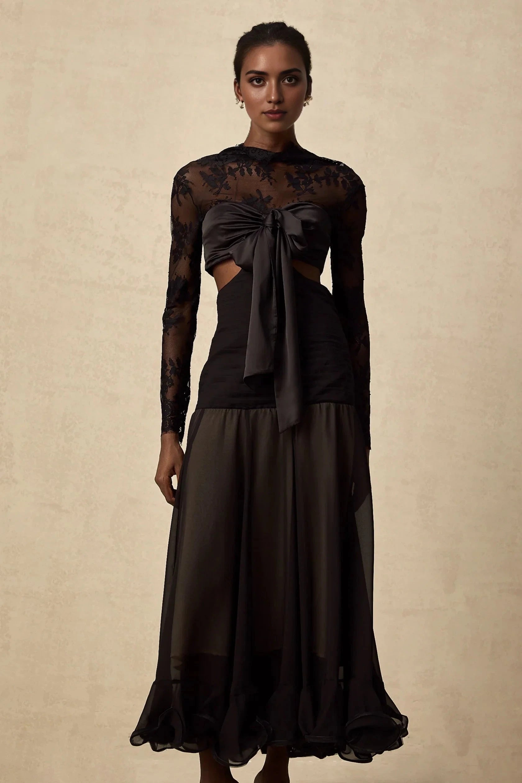 Black Lace Tie - Front Cut - Out Maxi Dress floral-lace panelled maxi dress Evening Dress by YiHuiw