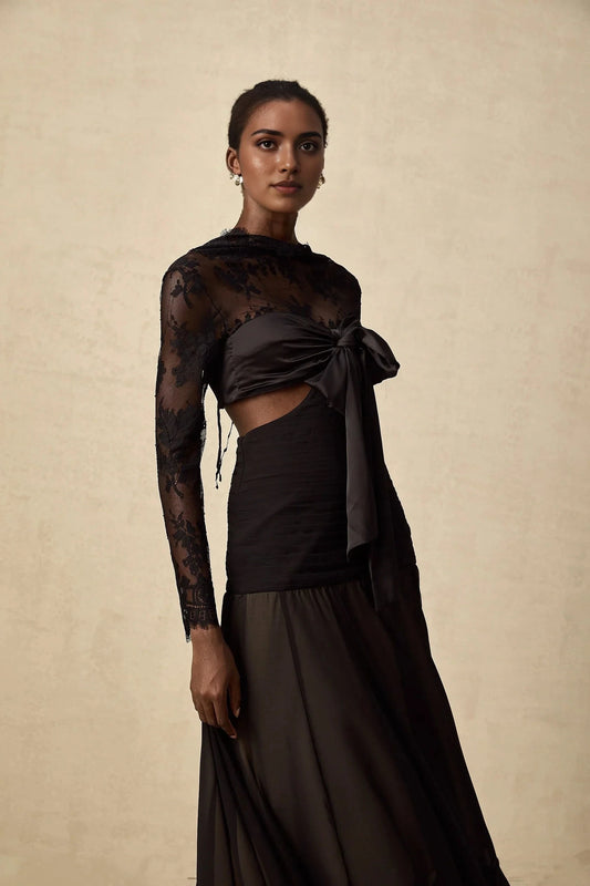 Black Lace Tie - Front Cut - Out Maxi Dress floral-lace panelled maxi dress Evening Dress by YiHuiw
