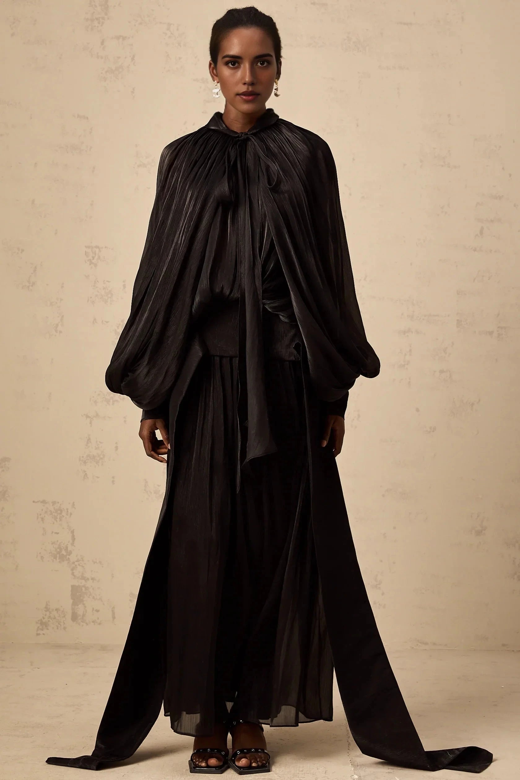 Black Long Sleeve Draped Maxi Dress Mila pleated satin maxi dress in Black Evening Dress by YiHuiw