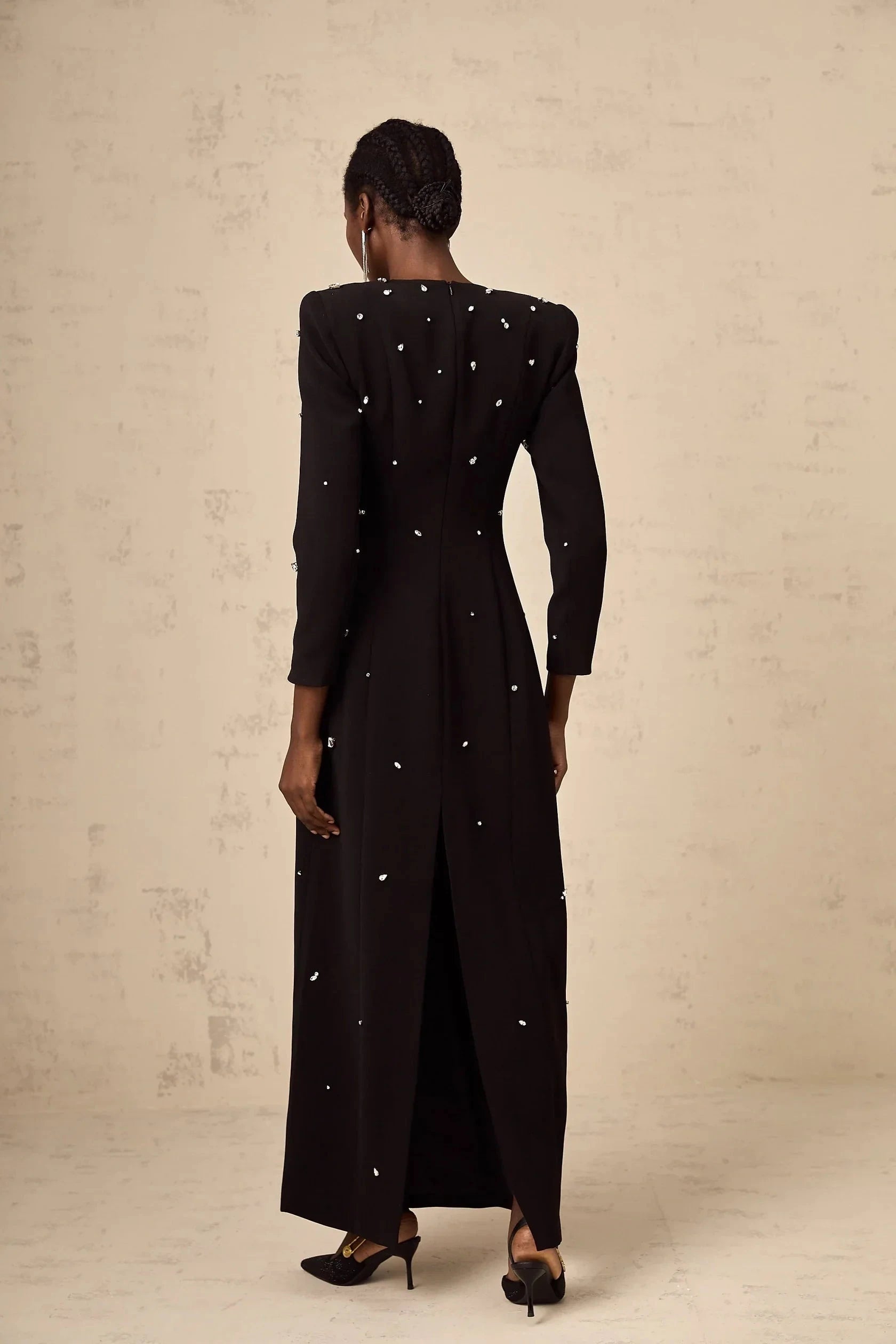 Black Long Sleeve Maxi Dress with Crystal Embellishments black crystal-embellished maxi dress Evening Dress by YiHuiw