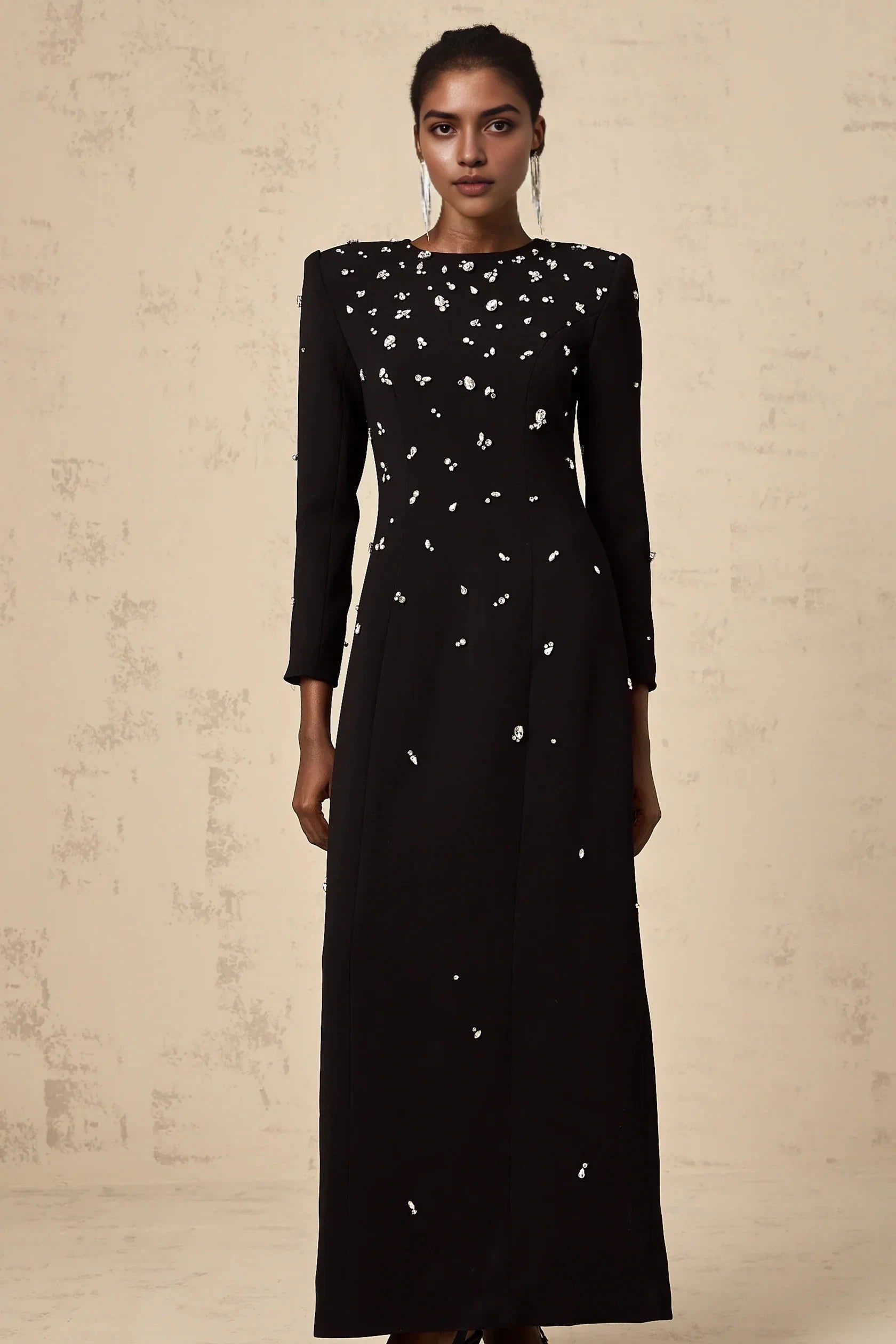 Black Long Sleeve Maxi Dress with Crystal Embellishments black crystal-embellished maxi dress Evening Dress by YiHuiw