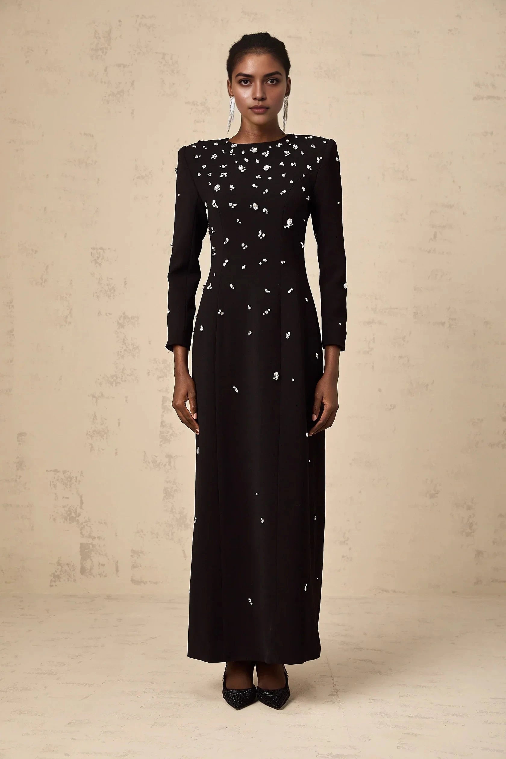 Black Long Sleeve Maxi Dress with Crystal Embellishments black crystal-embellished maxi dress Evening Dress by YiHuiw