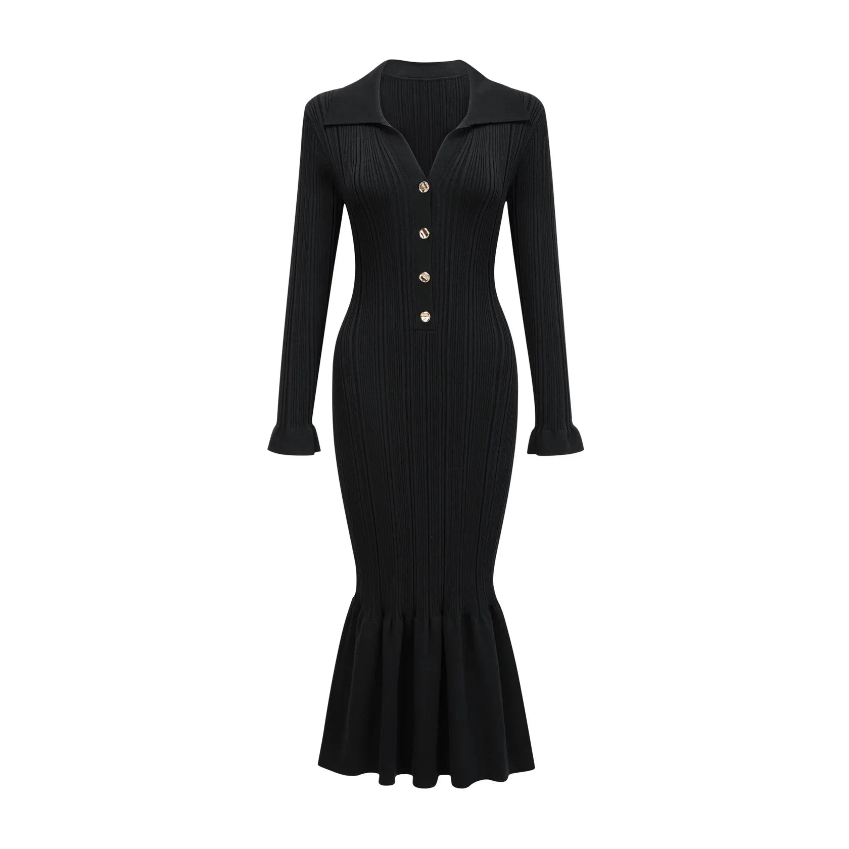 Black Long Sleeve Ruffled Hem Midi Dress Priscille black ruffled midi dress Evening Dress by YiHuiw